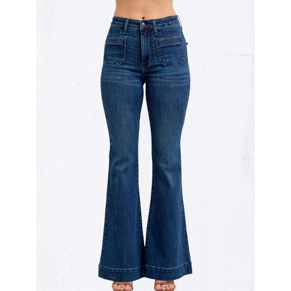 Judy Blue High Rise Flare Jeans Dark Wash Tummy Control Stretch Patch Pocket NEW - Picture 4 of 11